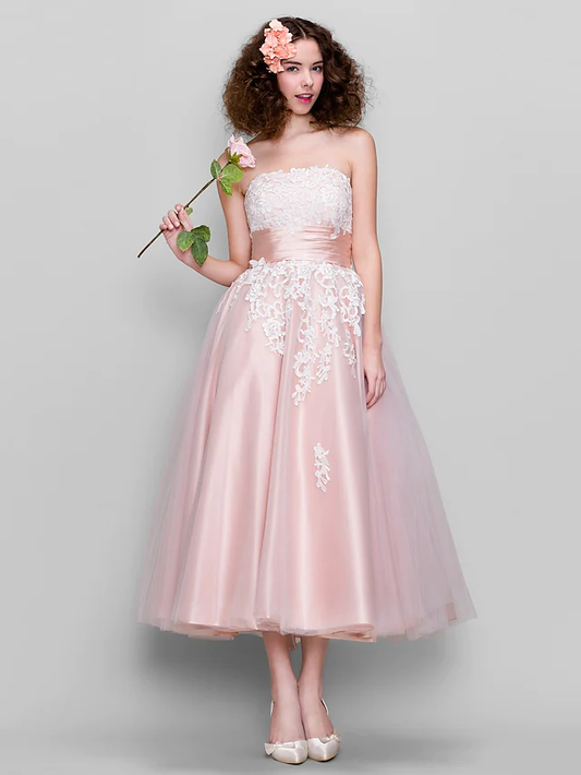 Ball Gown Wedding Guest Prom Dress Strapless Sleeveless Ankle Length Tulle Stretch Satin
