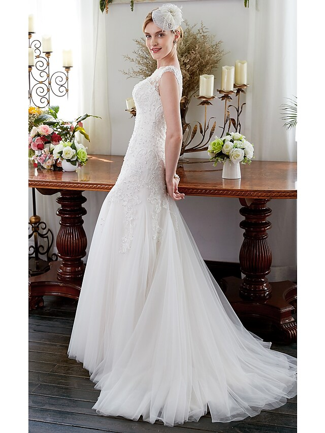 Wedding Dresses Illusion Neck Court Train Tulle Sleeveless Sparkle & Shine with Beading