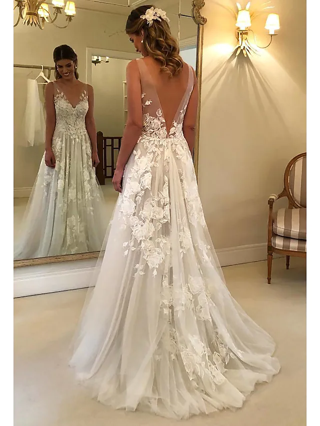 A-Line Wedding Dresses V Neck Court Train Lace Regular Straps Formal Casual Beach Long