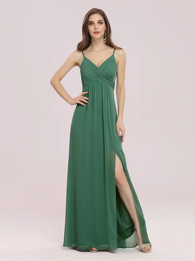 A-Line V Neck Floor Length Chiffon Bridesmaid Dress with Ruching Pure Color