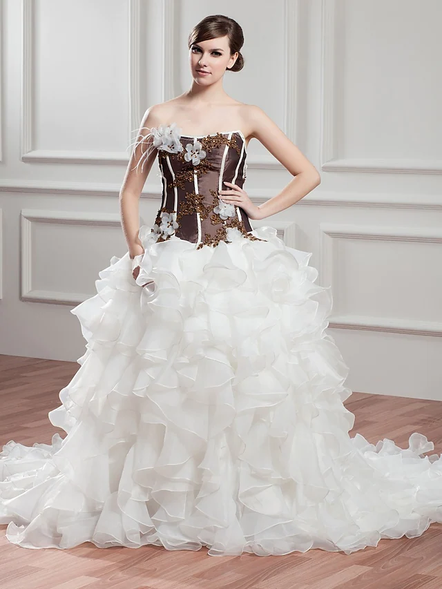 A-Line Wedding Dresses Strapless Chapel Train Lace Organza Satin Strapless with Beading Appliques Cascading