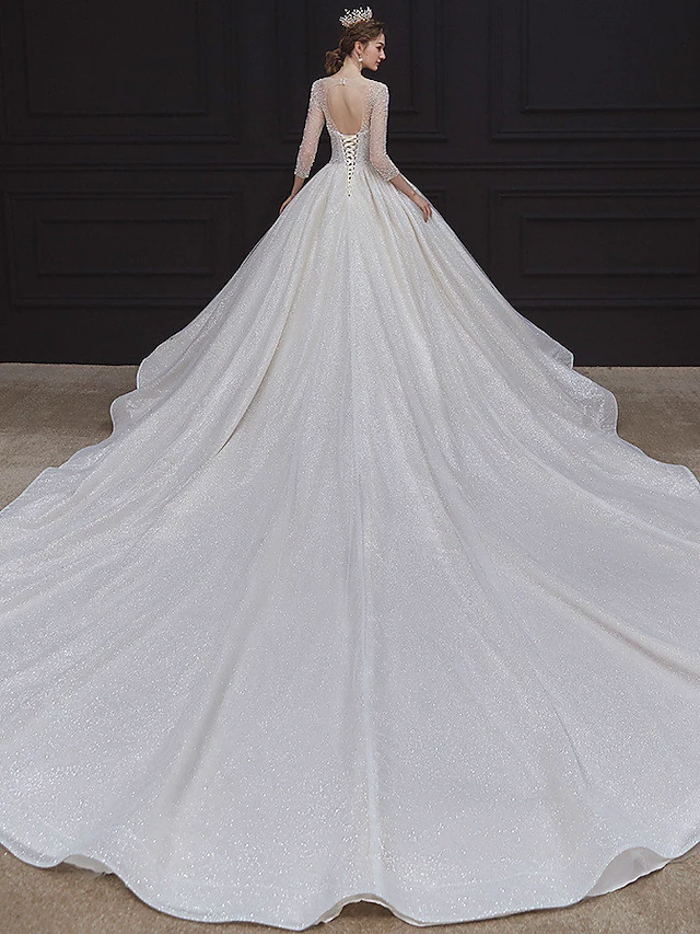 Princess Ball Gown Wedding Dresses Jewel Neck Chapel Train Lace Tulle Sequined Long Sleeve Formal Romantic Luxurious Sparkle & Shine