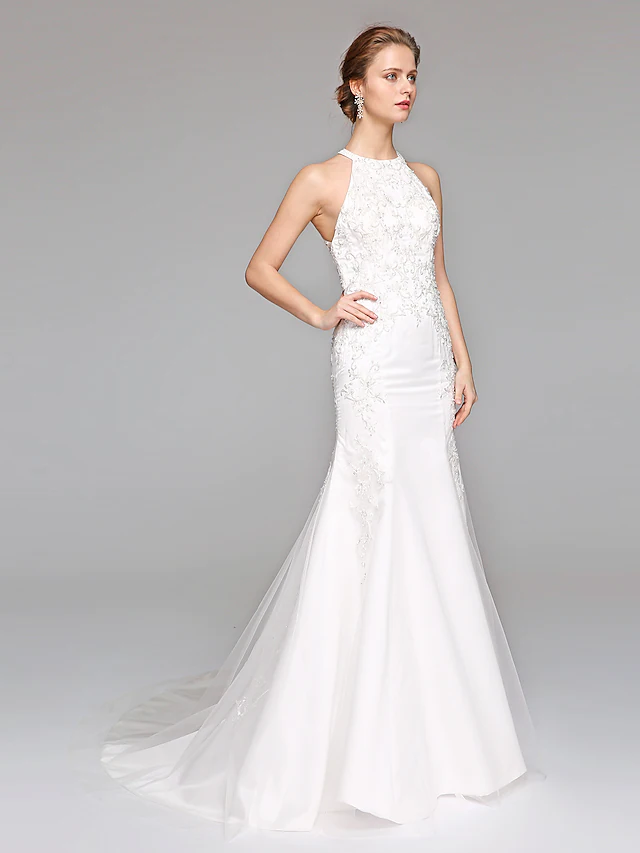 Wedding Dresses Halter NeckLace Over Tulle Regular Straps Sexy Illusion Detail
