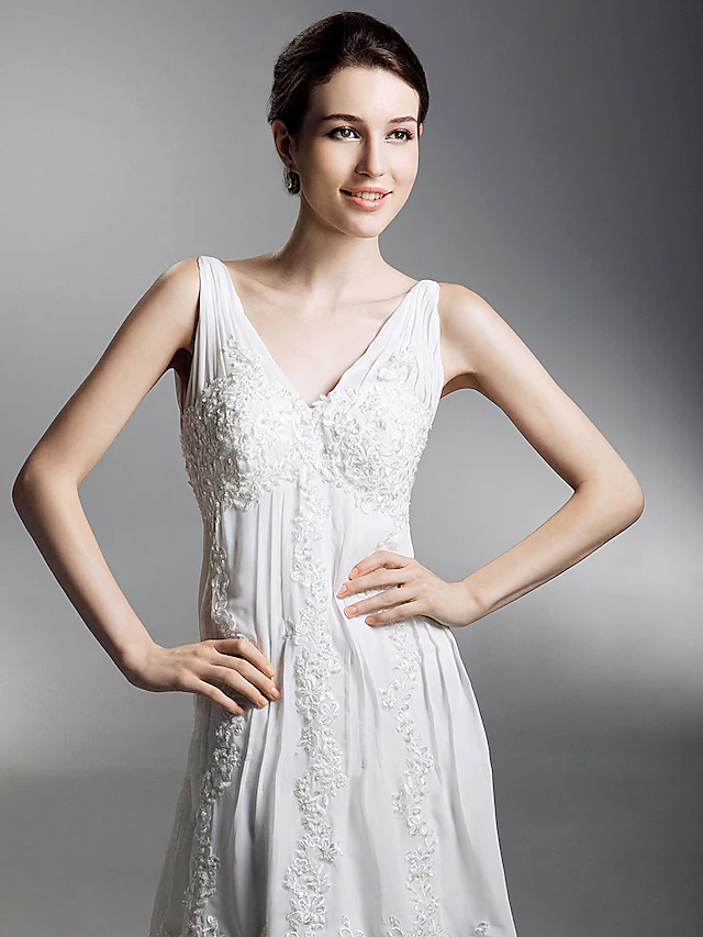Princess A-Line Wedding Dresses V Neck Chapel Train Chiffon Sleeveless Pure Color