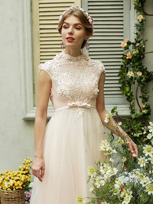 A-Line Wedding Dresses High Neck Sweep Brush Train Tulle Short Sleeve Open Back with Bowknot Sash Ribbon