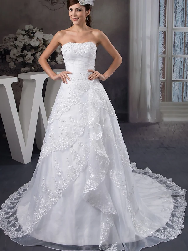 A-Line Wedding Dresses Strapless Chapel Train Lace Organza Satin Strapless with Beading Appliques Cascading