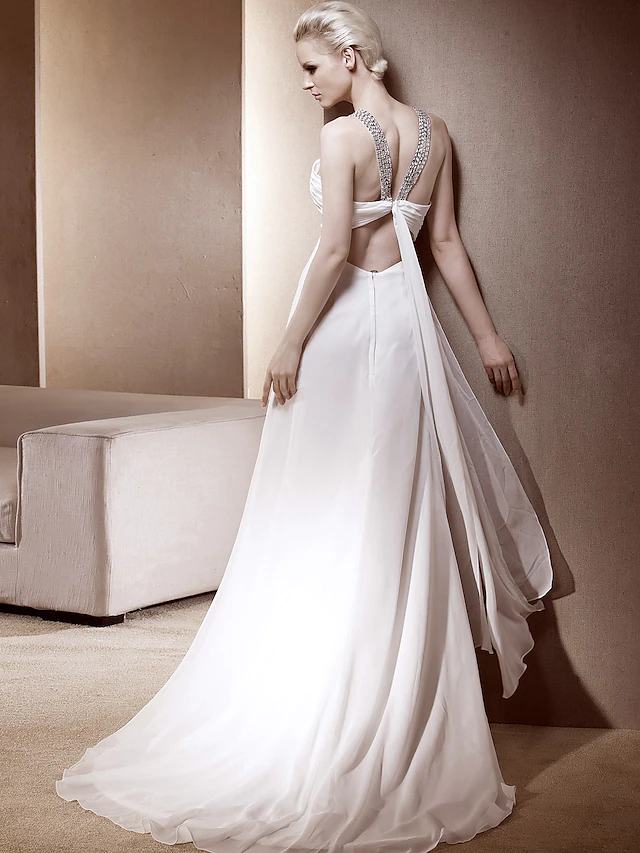 Princess A-Line Wedding Dresses V Neck Court Train Chiffon Sleeveless Sparkle & Shine