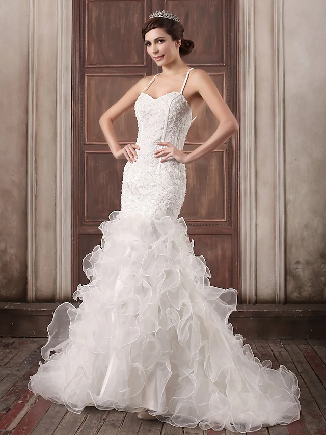 Wedding Dresses Sweetheart Neckline Court Train Lace Organza Satin Spaghetti Strap Sexy Illusion Detail Backless with Beading Appliques