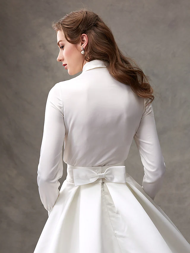 Ball Gown Wedding Dresses High Neck Satin Long Sleeve Glamorous Sparkle & Shine with Bowknot Sash Ribbon