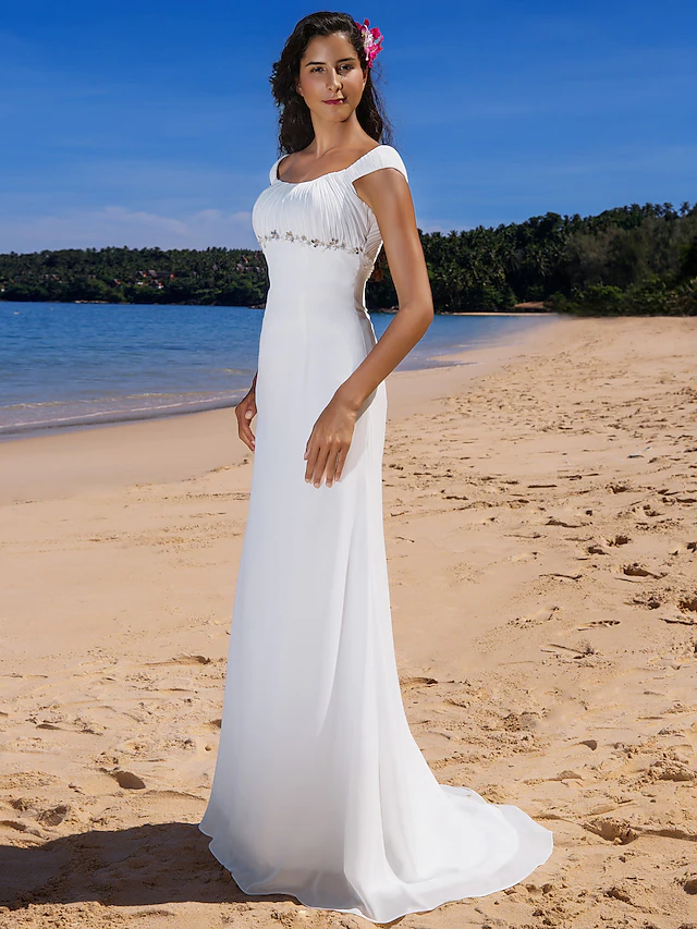 Wedding Dresses Scoop Neck Chiffon Cap Sleeve Beach Plus Size with Beading Draping