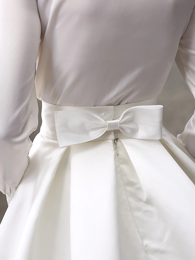 Ball Gown Wedding Dresses High Neck Satin Long Sleeve Glamorous Sparkle & Shine with Bowknot Sash Ribbon