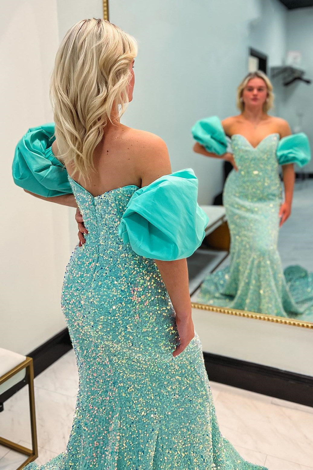 Mermaid Off The Shoulder Sweetheart Puff Sleeves Sequins Long Prom Dress Sparkly Evening Dresses