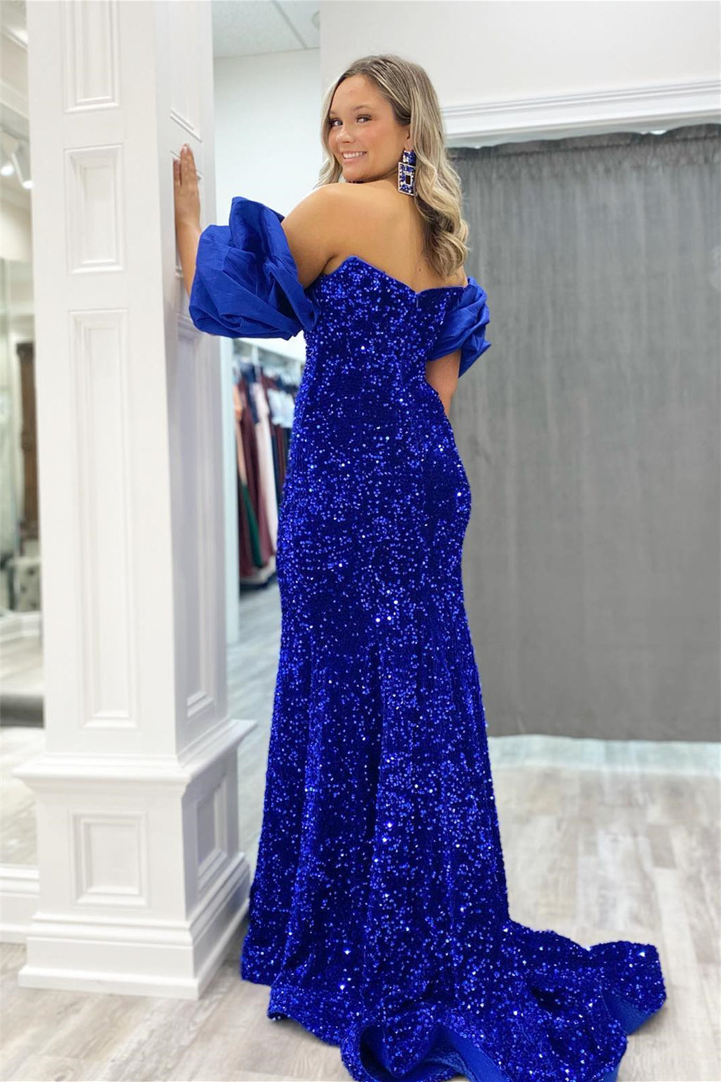 Mermaid Off The Shoulder Sweetheart Puff Sleeves Sequins Long Prom Dress Sparkly Evening Dresses
