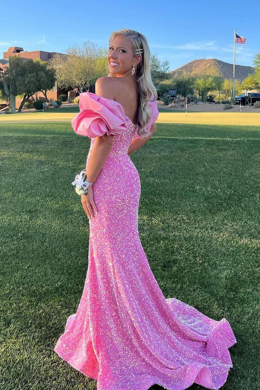Mermaid Off The Shoulder Sweetheart Puff Sleeves Sequins Long Prom Dress Sparkly Evening Dresses
