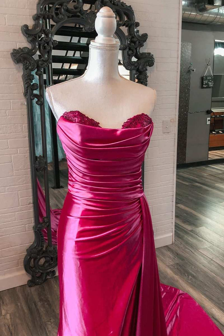 Mermaid Sweetheart Satin Split Prom Dresses with Attached Train Off Shoulder Evening Dress