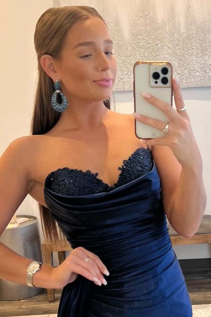 Mermaid Sweetheart Satin Split Prom Dresses with Attached Train Off Shoulder Evening Dress