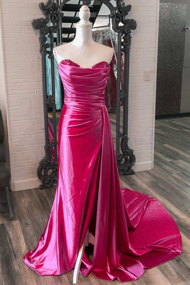 Mermaid Sweetheart Satin Split Prom Dresses with Attached Train Off Shoulder Evening Dress