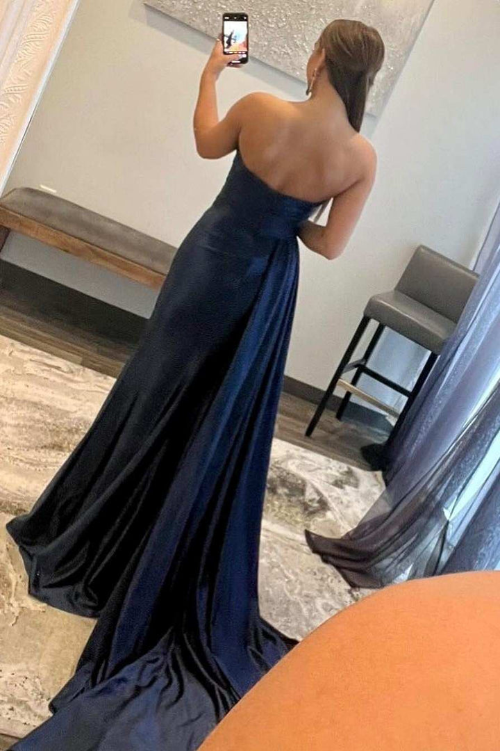 Mermaid Sweetheart Satin Split Prom Dresses with Attached Train Off Shoulder Evening Dress
