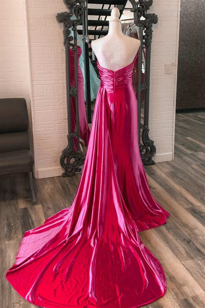 Mermaid Sweetheart Satin Split Prom Dresses with Attached Train Off Shoulder Evening Dress