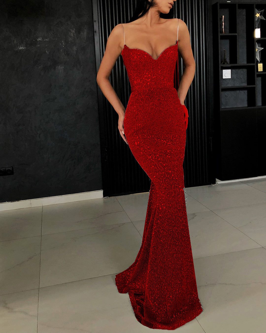Mermaid V Neck Spaghetti Straps Sequin Black Sparkle Prom Dresses Sexy Evening Dresses