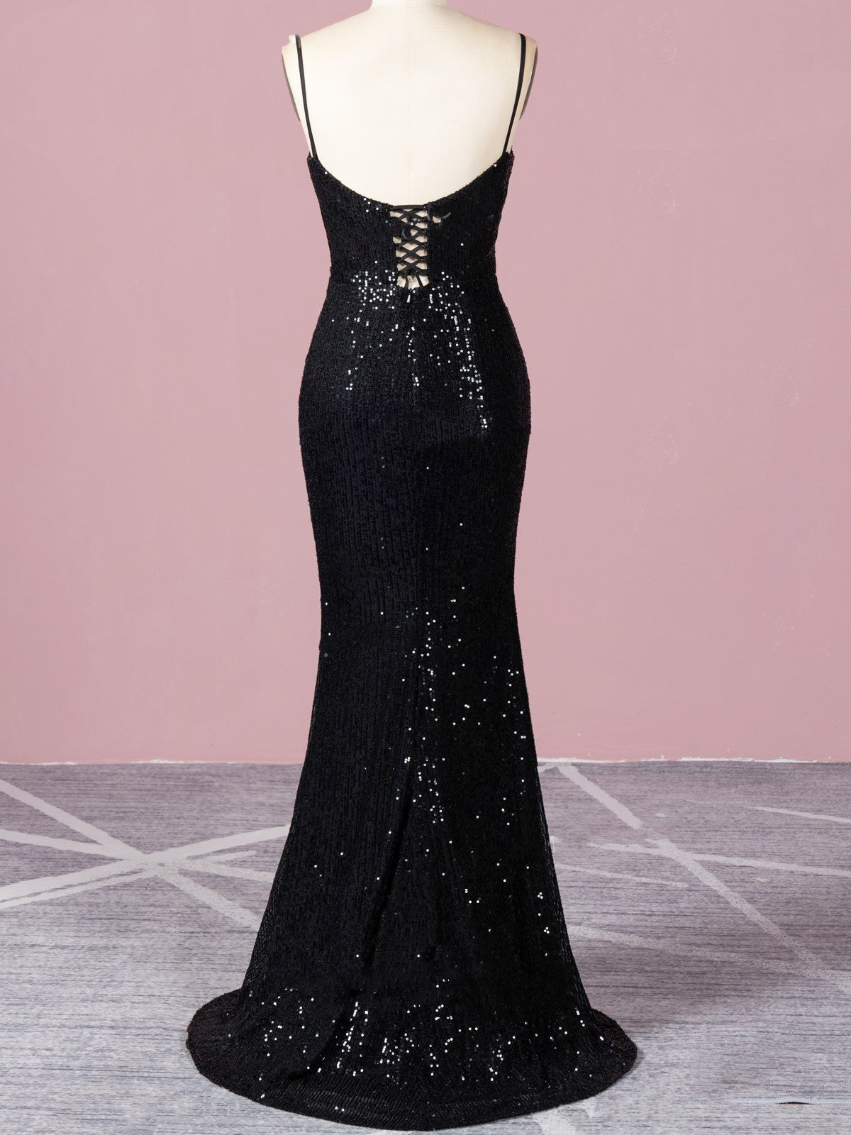 Mermaid V Neck Spaghetti Straps Sequin Black Sparkle Prom Dresses Sexy Evening Dresses