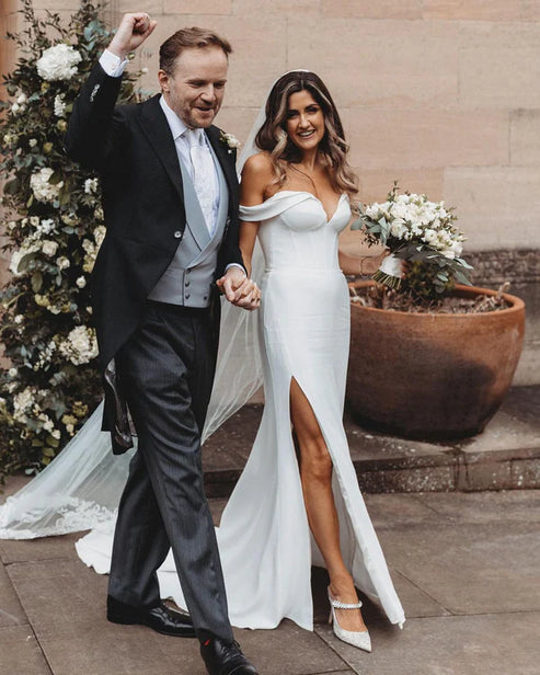 Mermaid Satin Wedding Dresses Off the Shoulder with Slit Floor Length Sexy