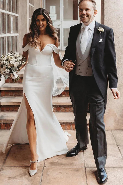 Mermaid Satin Wedding Dresses Off the Shoulder with Slit Floor Length Sexy