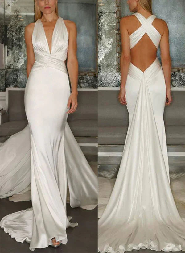 Trumpet/fishtail V-neck and floor wedding dress Sexy