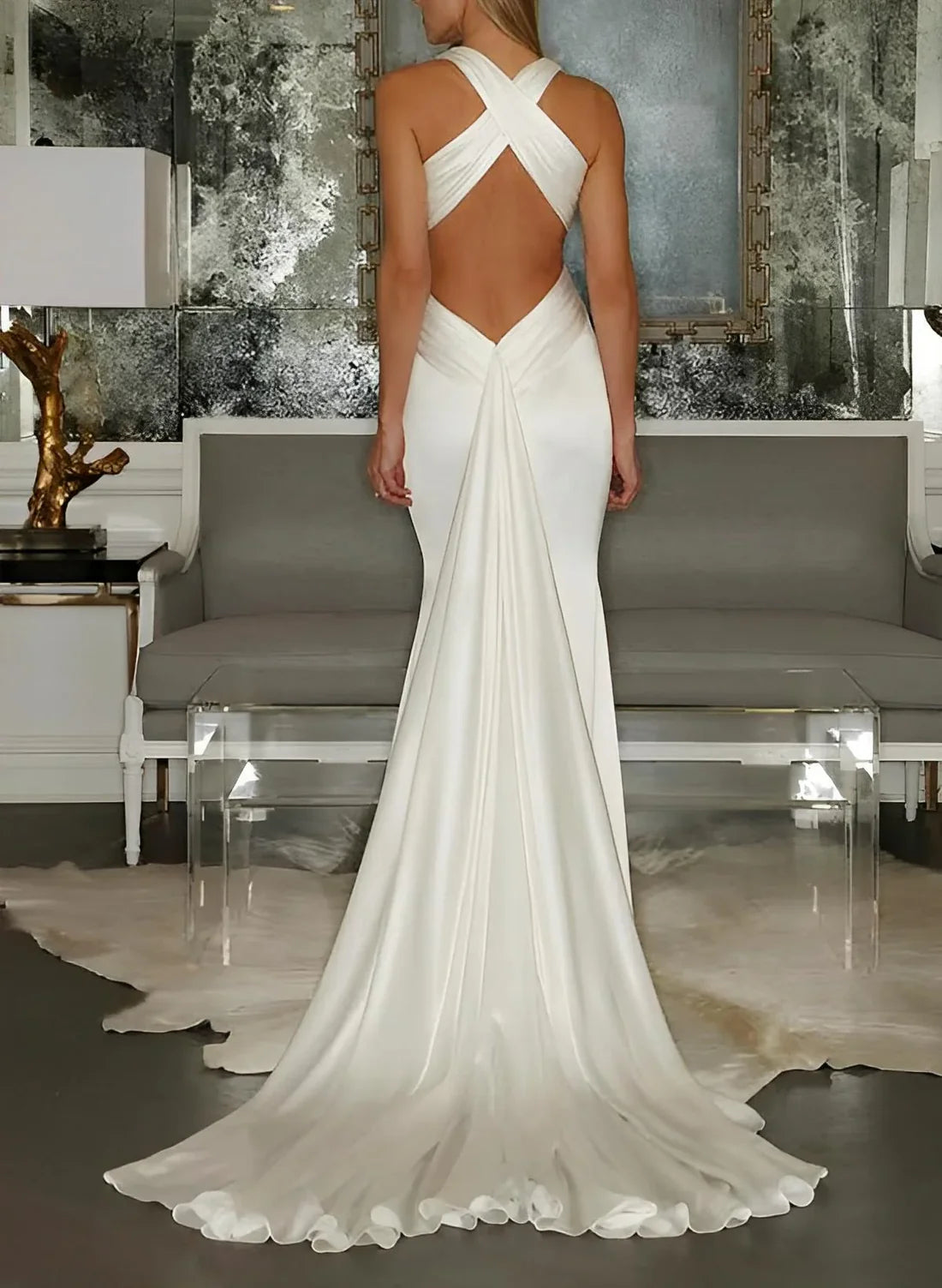Trumpet/fishtail V-neck and floor wedding dress Sexy