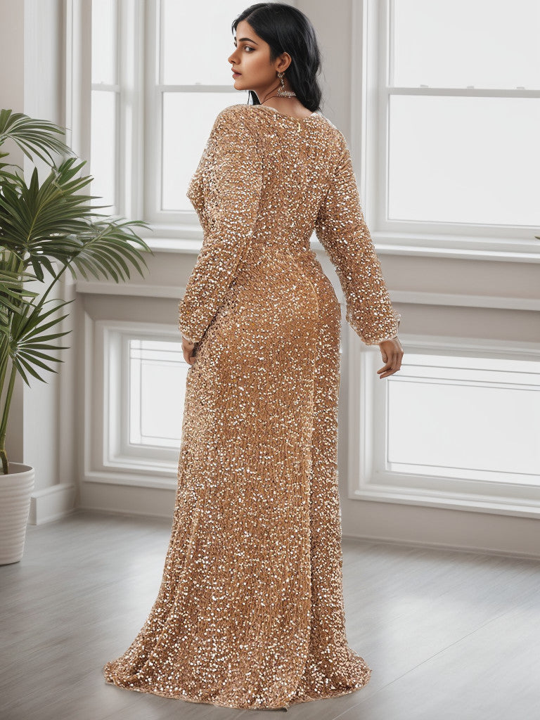 Plus Size Long Sleeve Sequin Front Slit Bodycon Evening Dress Sparkly