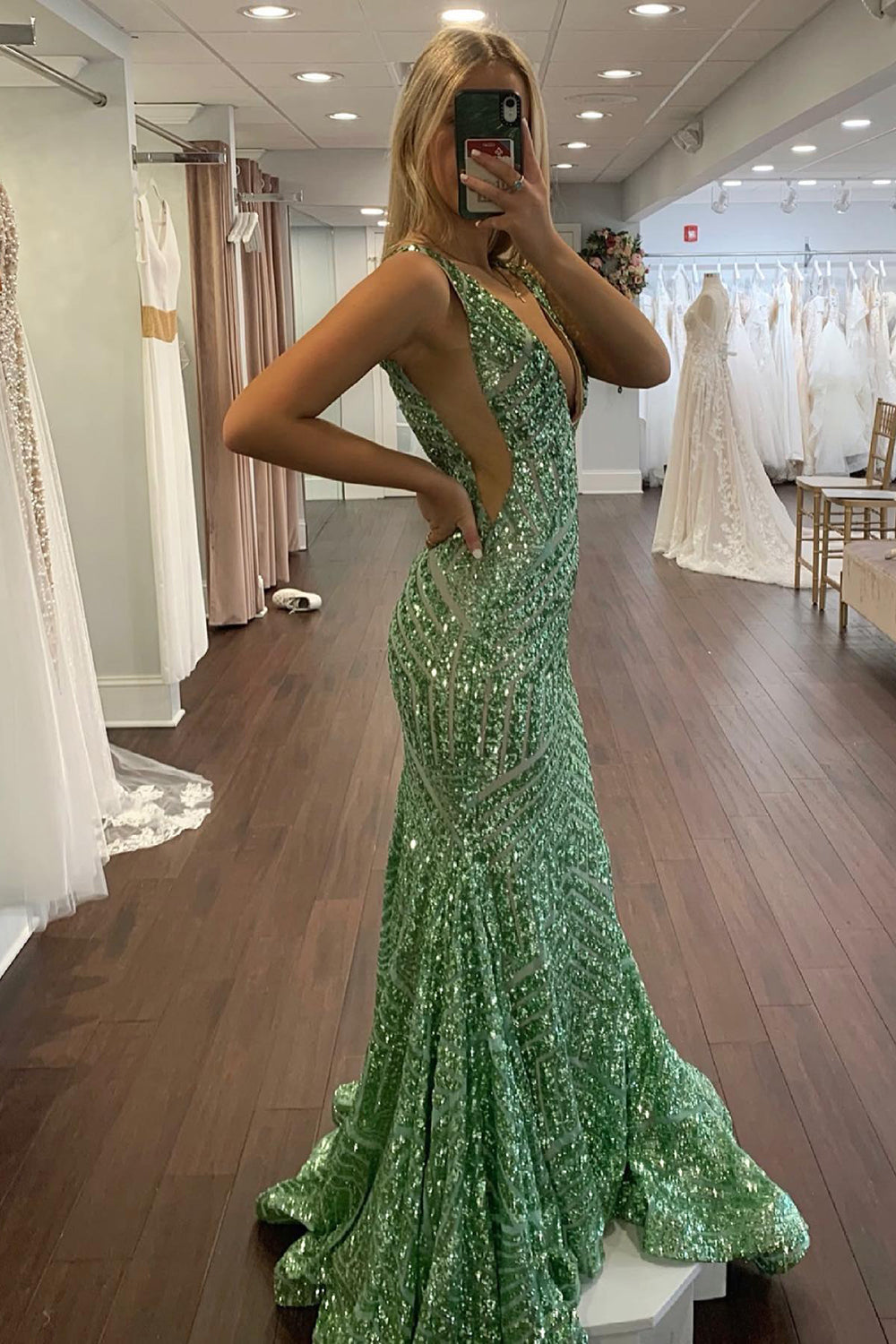 Sparkly Deep V Neck Sequin Mermaid Prom Dress Sparkly Evening Dresses