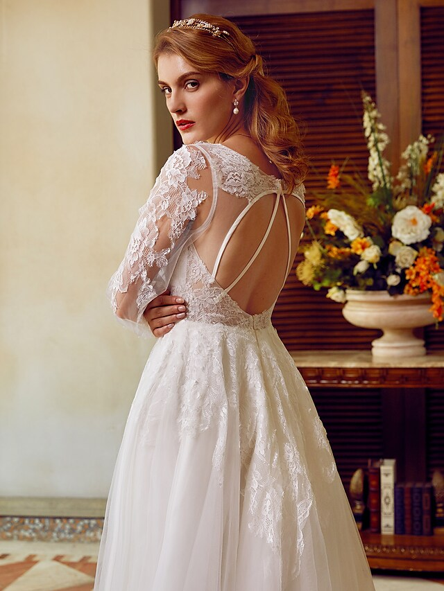 A-Line Wedding Dresses V Neck Lace Tulle Long Sleeve See-Through Pure Color