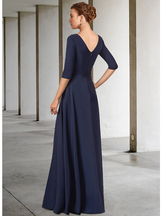 Mother of the Bride Dress Elegant V Neck Floor Length Stretch Fabric Half Sleeve with Sash Ribbon Bow(s)