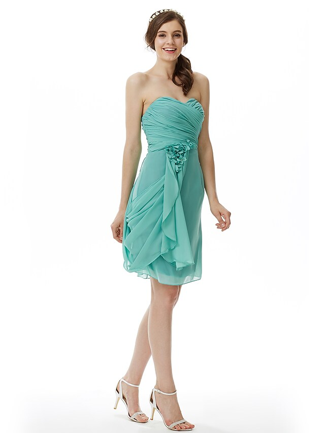 Sweetheart Neckline Strapless Knee Length Chiffon Bridesmaid Dress with Criss Cross Side Draping Flower Pure Color