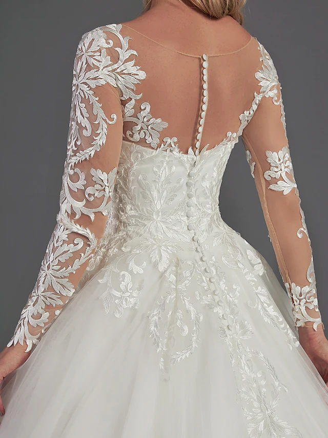 Ball Gown Wedding Dresses Illusion Neck Chapel Train Lace Tulle Long Sleeve Glamorous See-Through Illusion Detail with Buttons