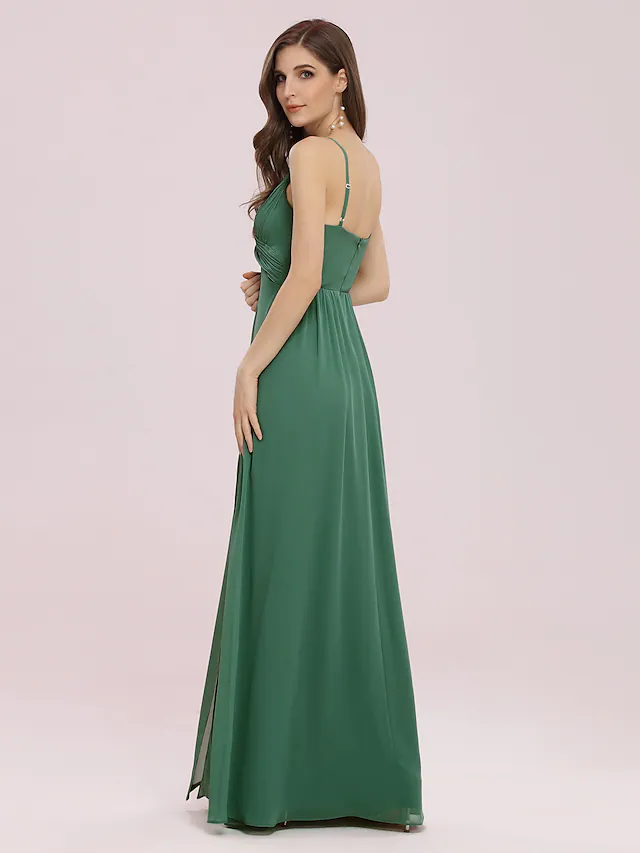 A-Line V Neck Floor Length Chiffon Bridesmaid Dress with Ruching Pure Color