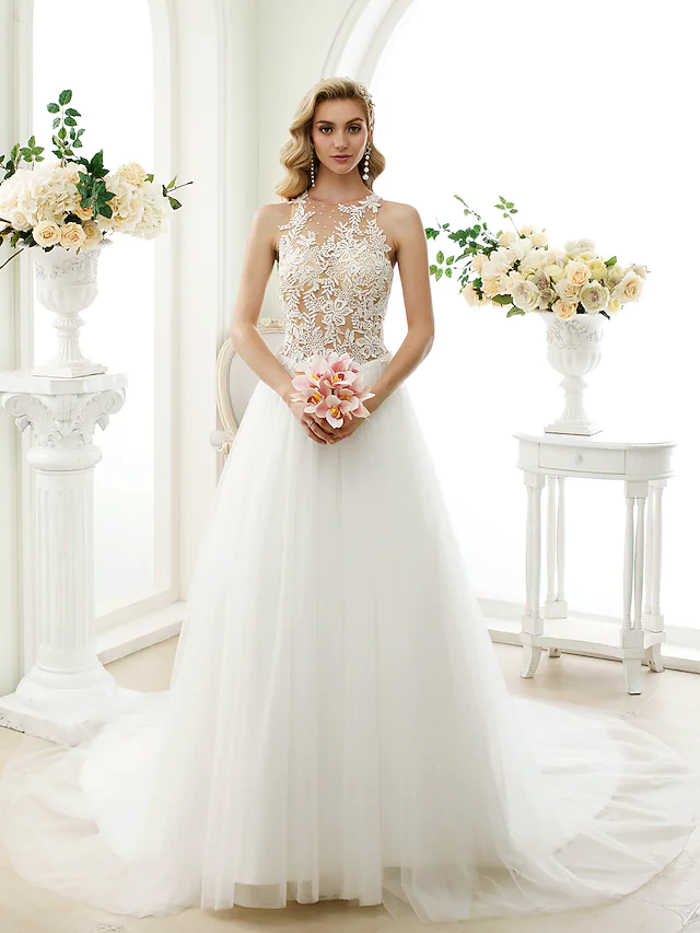 Ball Gown Wedding Dresses Jewel Neck Chapel Train Lace Tulle Lace Over Tulle Regular Straps See-Through Beautiful Back with Buttons