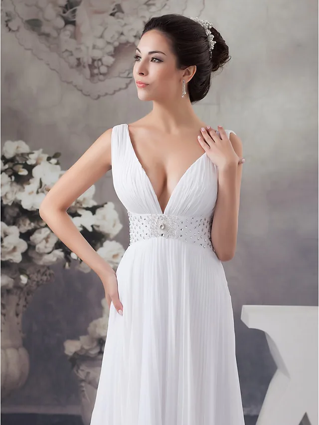 A-Line Wedding Dresses V Neck Chapel Train Chiffon Satin Regular Straps with Crystals Beading