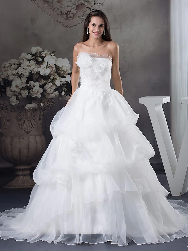 A-Line Wedding Dresses Strapless Chapel Train Organza Satin Strapless with Pick Up
