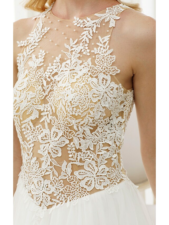 Ball Gown Wedding Dresses Jewel Neck Chapel Train Lace Tulle Lace Over Tulle Regular Straps See-Through Beautiful Back with Buttons