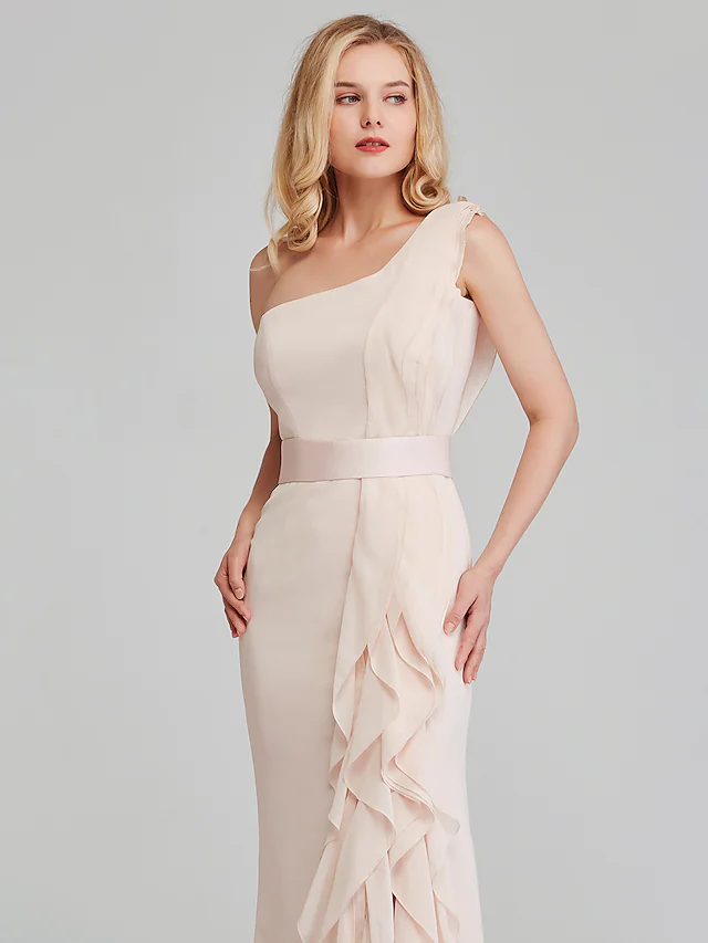 Pearl Pink Shoulder Long Length Chiffon Bridesmaid Dress with Cascading Ruffles