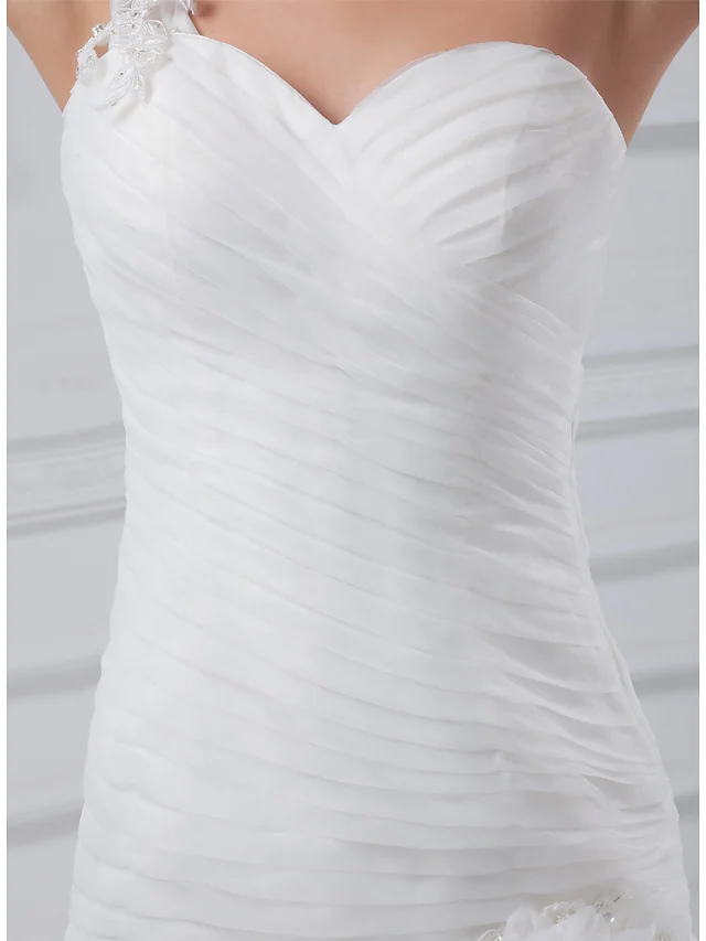 A-Line Wedding Dresses One Shoulder Court Train Organza Satin Spaghetti Strap with Pick Up Skirt Ruched