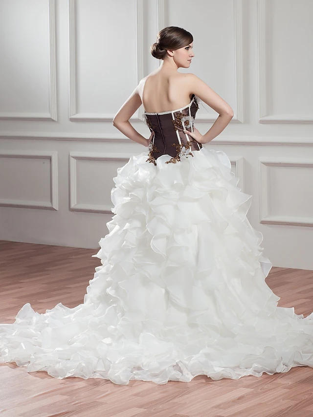A-Line Wedding Dresses Strapless Chapel Train Lace Organza Satin Strapless with Beading Appliques Cascading
