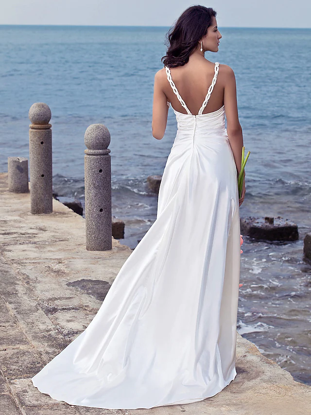 Wedding Dresses Sweetheart Neckline Stretch Satin Spaghetti Strap Open Back with