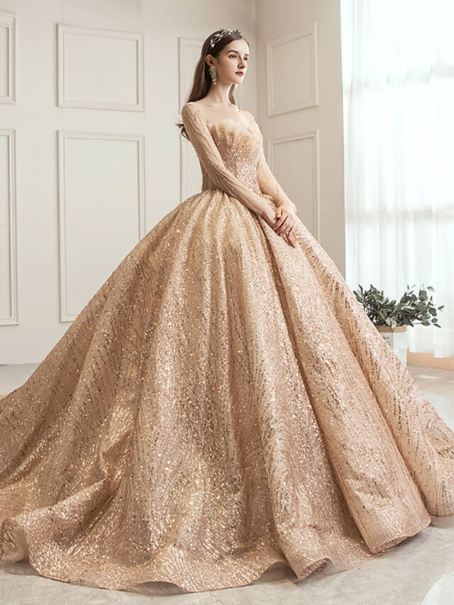 Princess Ball Gown Wedding Dresses Jewel Neck Chapel Train Tulle Sequined Long Sleeve Formal