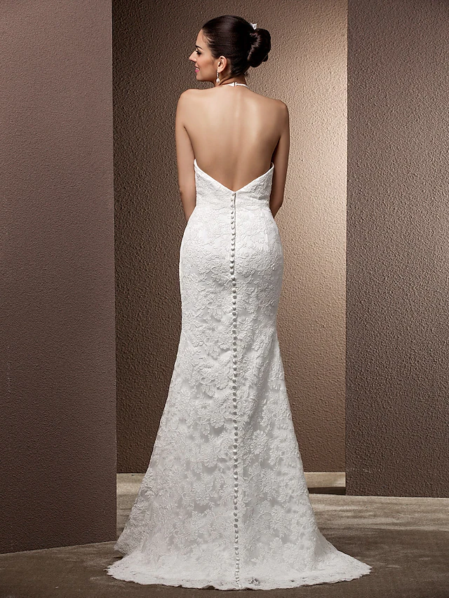Wedding Dresses Halter Neck Lace Regular Straps Open Back with Beading Flower