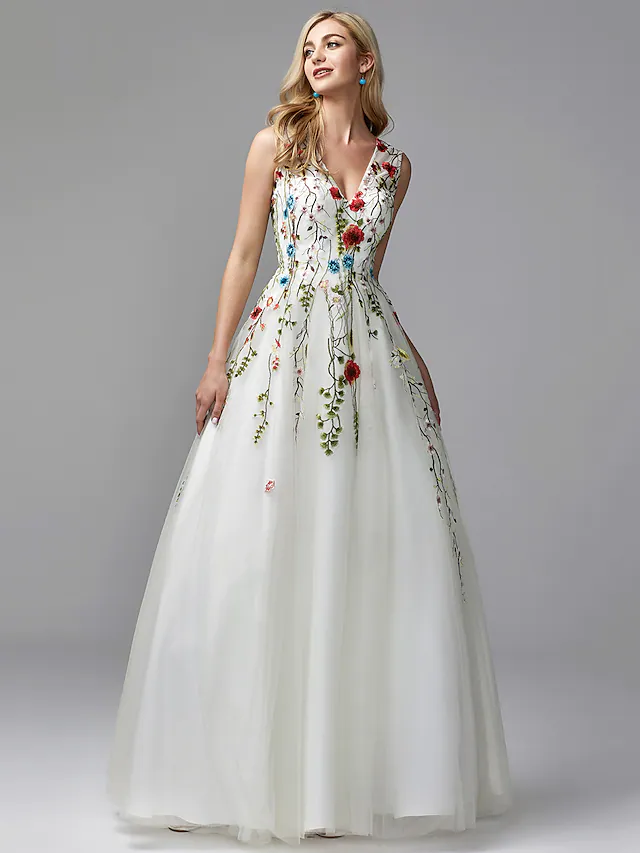 A-Line White Floral Quinceanera Formal Evening Valentine's Day Dress V Neck Sleeveless Floor Length Lace Tulle with Embroidery