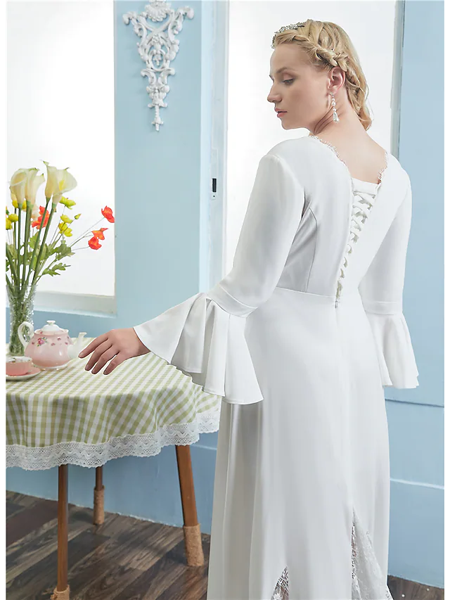 A-Line Wedding Dresses V Neck Chapel Train Lace Italy Satin Long Sleeve Vintage Plus Size with Pleats Lace