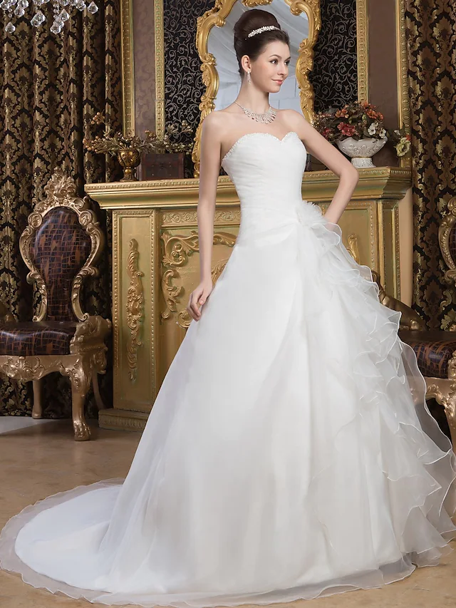 A-Line Wedding Dresses Sweetheart Neckline Court Train Organza Satin Strapless with Ruched Cascading