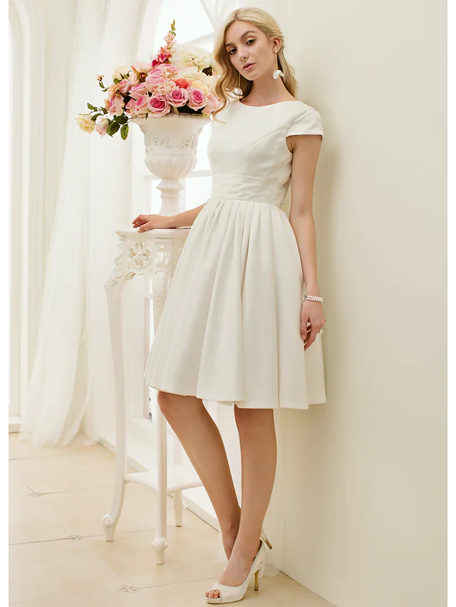 A-Line Wedding Dresses Jewel Neck Knee Length Satin Short Sleeve Formal Simple Casual Little White Dress with Sash